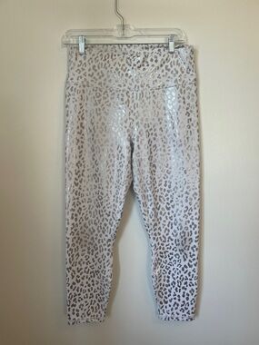 Fabletics Metallic Leopard Print Leggings - Silver on Cream. Size Large